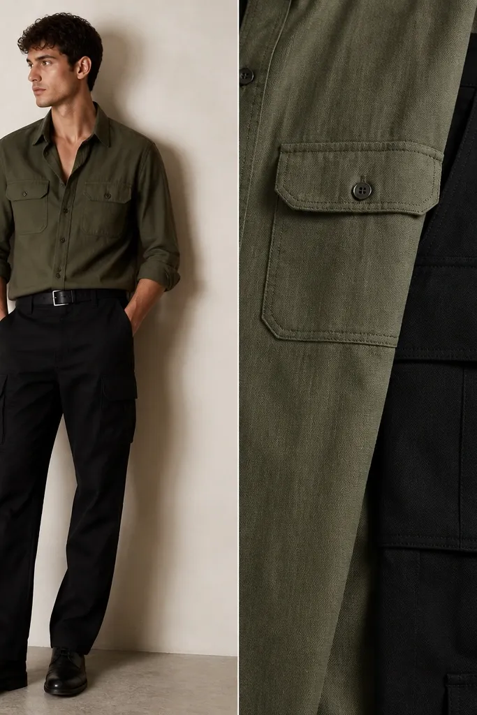 Black cargo pants with an olive button-up utility shirt worn slightly open at the collar, with a thin black belt. The photo shows the shirt texture and cargo pockets side by side.
