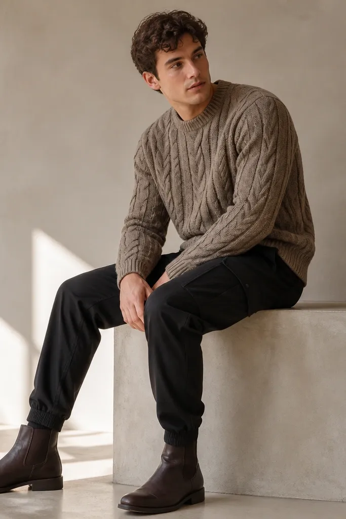 Black cargo pants styled with a taupe cable-knit sweater and dark brown leather ankle boots. The image highlights the chunky knit texture and the tapered ankle opening of the cargos.
