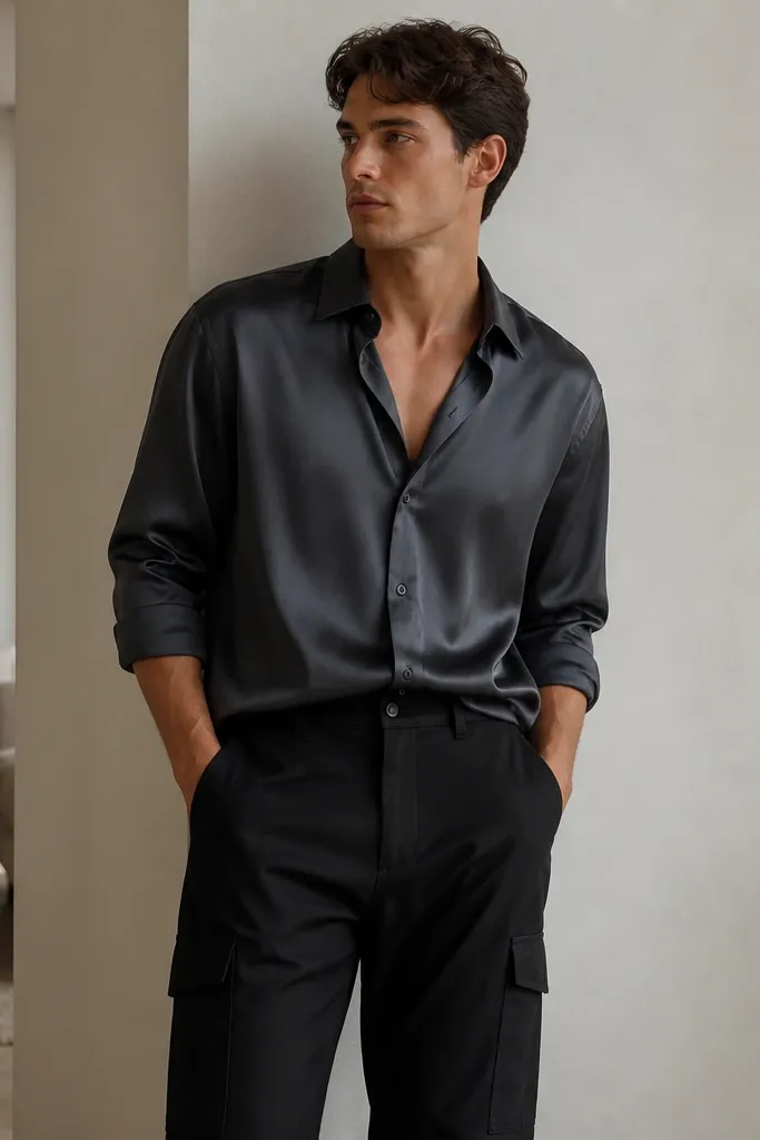 Black cargo pants paired with a charcoal satin button-down shirt slightly tucked in and rolled cuffs. The lighting shows a subtle sheen on the shirt fabric; the cargos remain matte.