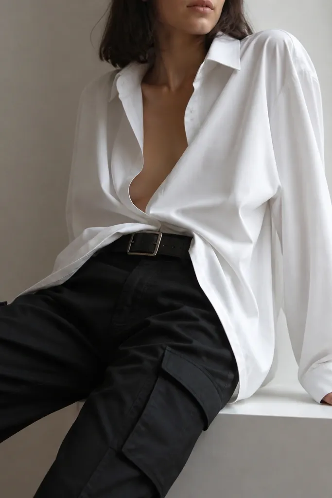 Black cargo pants with a white oversized button-up worn unbuttoned and draped over the body, cinched with a black belt. The photo shows the shirt falling in soft folds over the cargo waistband.