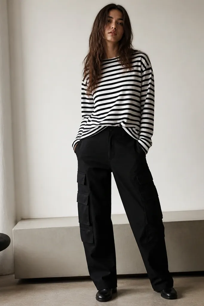 Black cargo pants paired with a black-and-white striped long-sleeve tee tucked at the front. The stripes are clearly visible; the cargos show multiple pocket panels against the striped top.