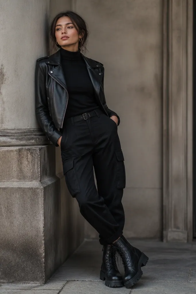 Black cargo pants styled with a fitted black turtleneck, a black leather jacket, and dark combat boots. The image shows the layered neckline and the chunky boot soles against the cargo cuffs.