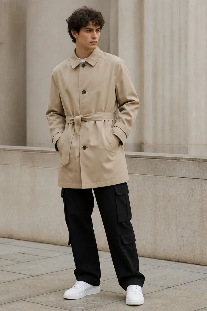Black cargo pants under a beige trench coat with the coat hem reaching mid-thigh. White sneakers are visible; the trench has a belt tied at the waist and a structured collar.