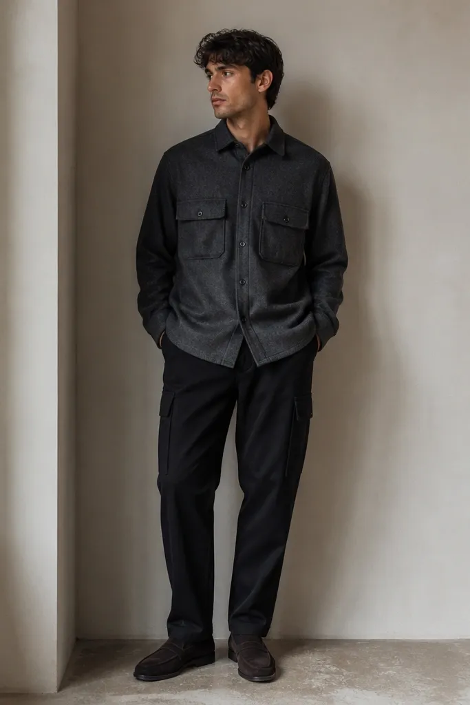 Black cargo pants paired with a charcoal overshirt worn buttoned, plus dark suede loafers. The overshirt texture looks brushed; the photo focuses on clean lines and pocket placement.
