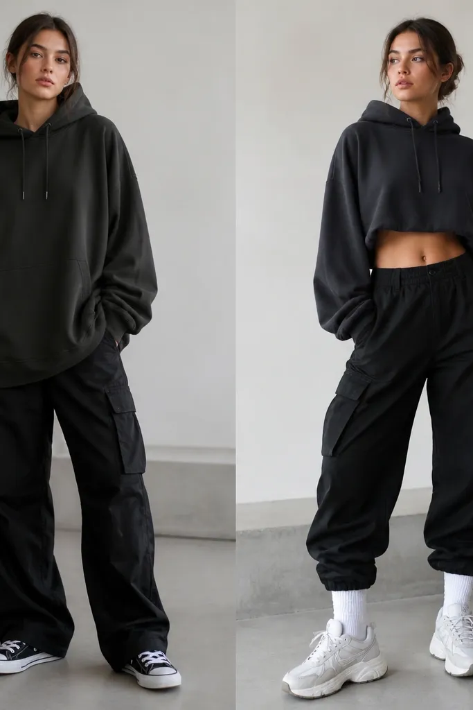 Before and after photos show black cargo pants with a bulky fit. Before: full-length hoodie covering the hips, paired with low sneakers. After: cropped hoodie ending above the waistband, styled with high-cut socks and chunky trainers.