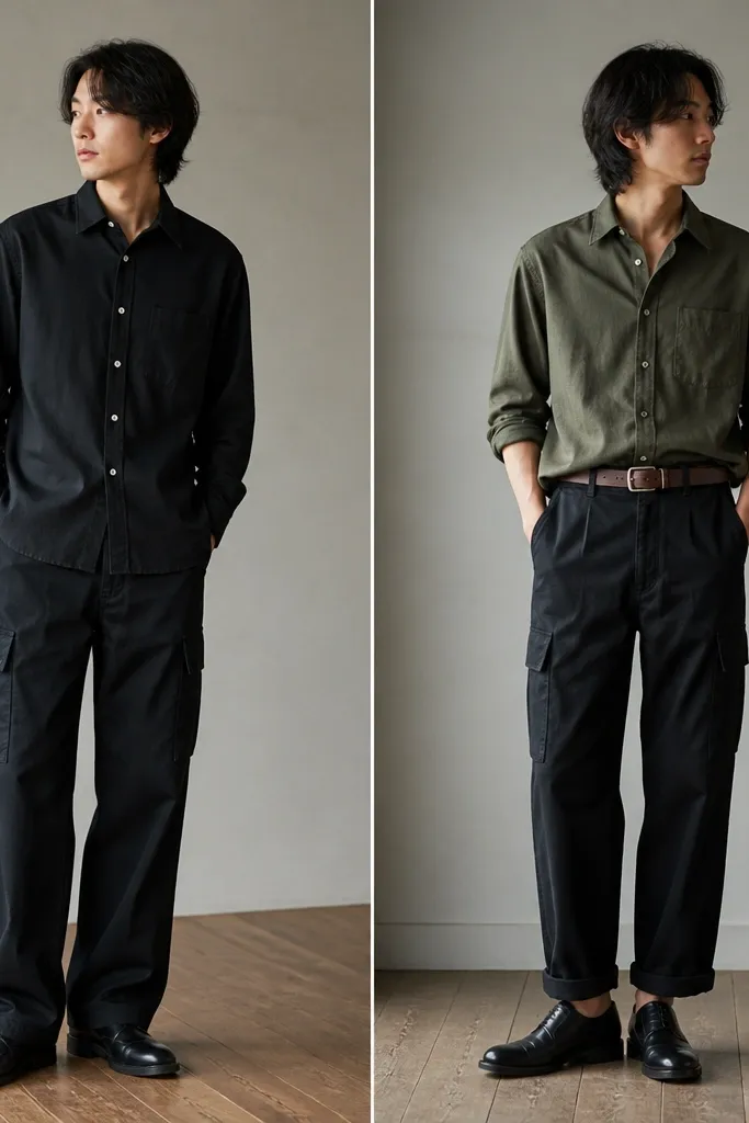 Two photos of the same outfit. Before: black cargo pants with cuffs unrolled, paired with a plain dark button-down. After: olive button-down partially tucked, with the pant hems lightly rolled and a brown leather belt.