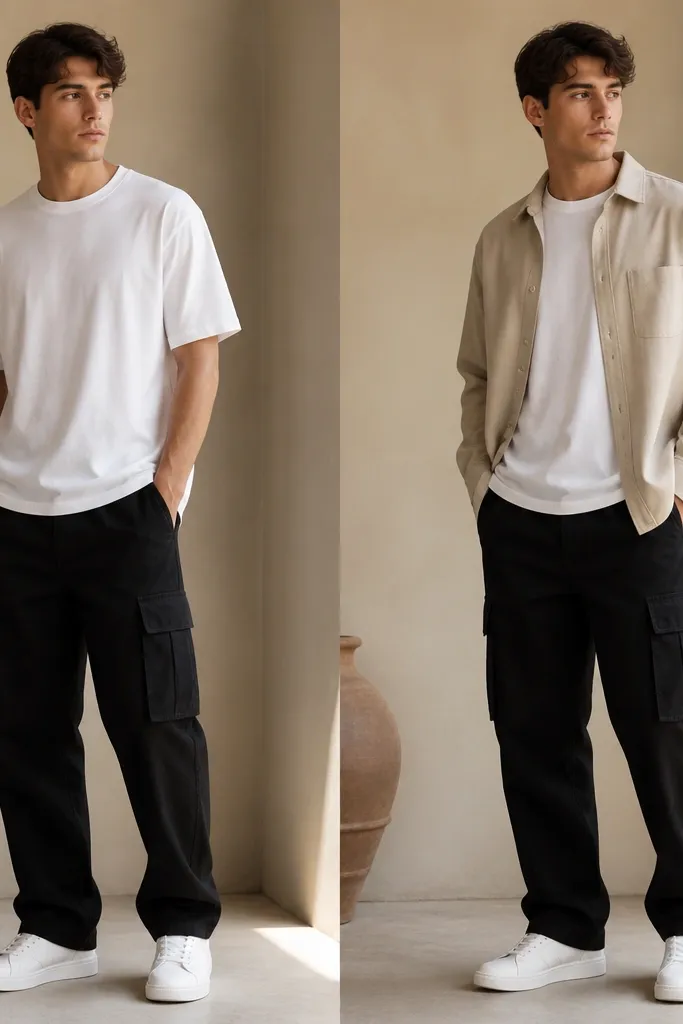 Before: black cargo pants with a simple tee and no layer. After: same pants with a light tan overshirt worn open, showing a clean tee hem and a structured collar; sneakers remain white.