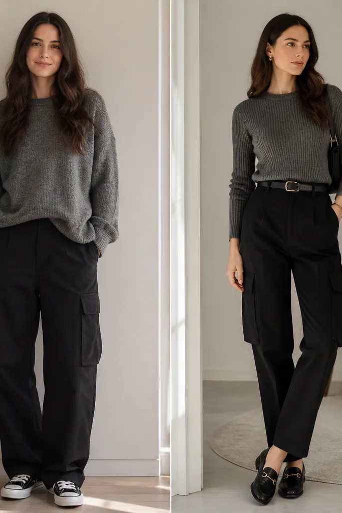 Two photos. Before: black cargo pants paired with a loose sweater that hides the waist. After: a fitted knit sweater tucked neatly, with a slim black belt and minimal accessories; loafers replace sneakers.