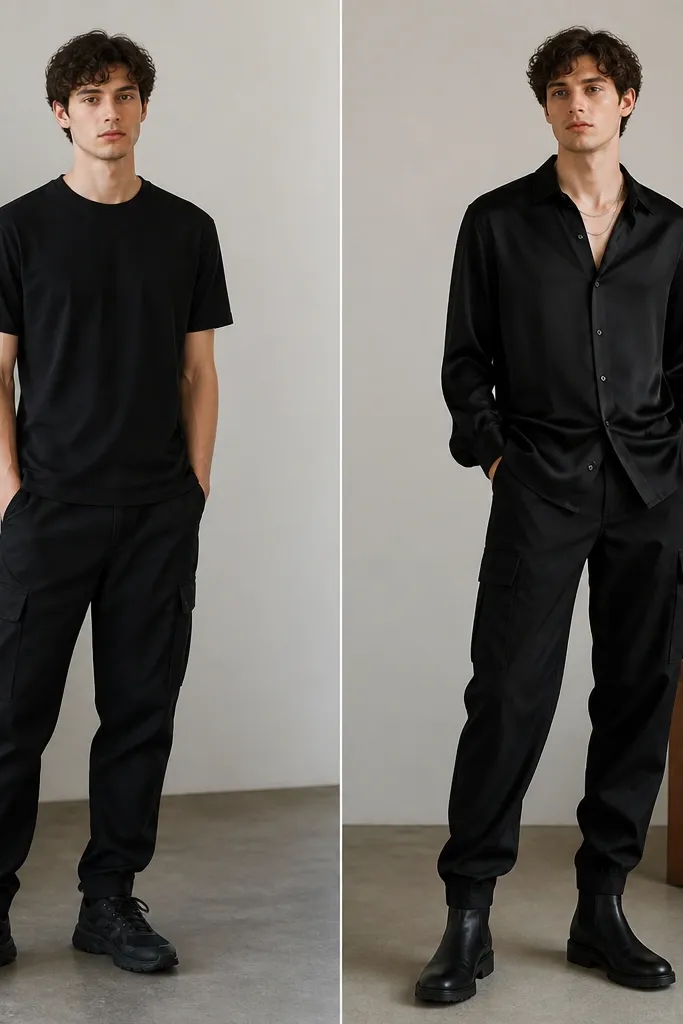 Before: black cargo pants with a matte t-shirt. After: black cargo pants styled with a black satin button-up (slightly looser), subtle chain necklace, and black boots with a cleaner silhouette.