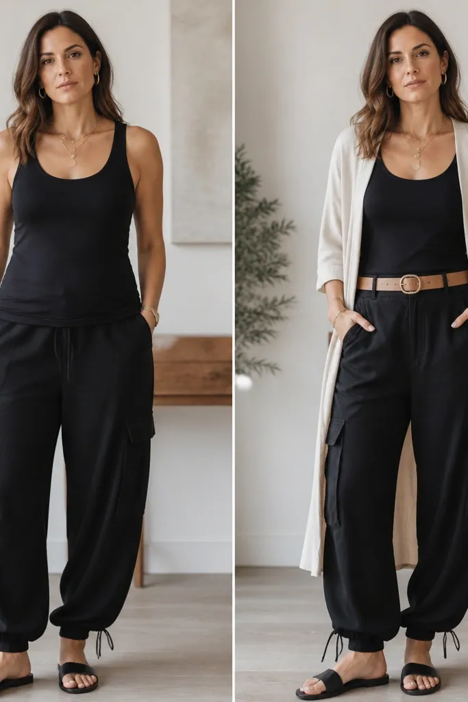 Before: black cargo pants with a longline tank and no outer layer, looking heavy at the hips. After: same pants with a light open-front long cardigan or kimono-style layer, showing the tank hem and a defined waistline.