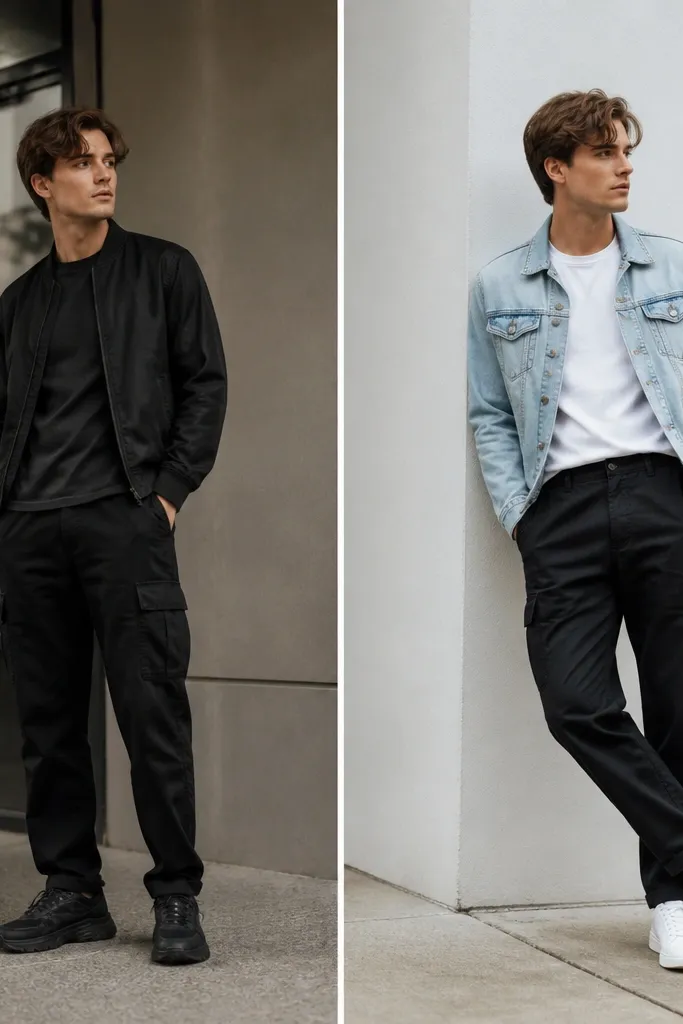 Before: black cargo pants with a dark tee and dark jacket. After: black cargo pants with a crisp white tee, a light-wash denim jacket, and white sneakers; the hem of the tee is tucked slightly.