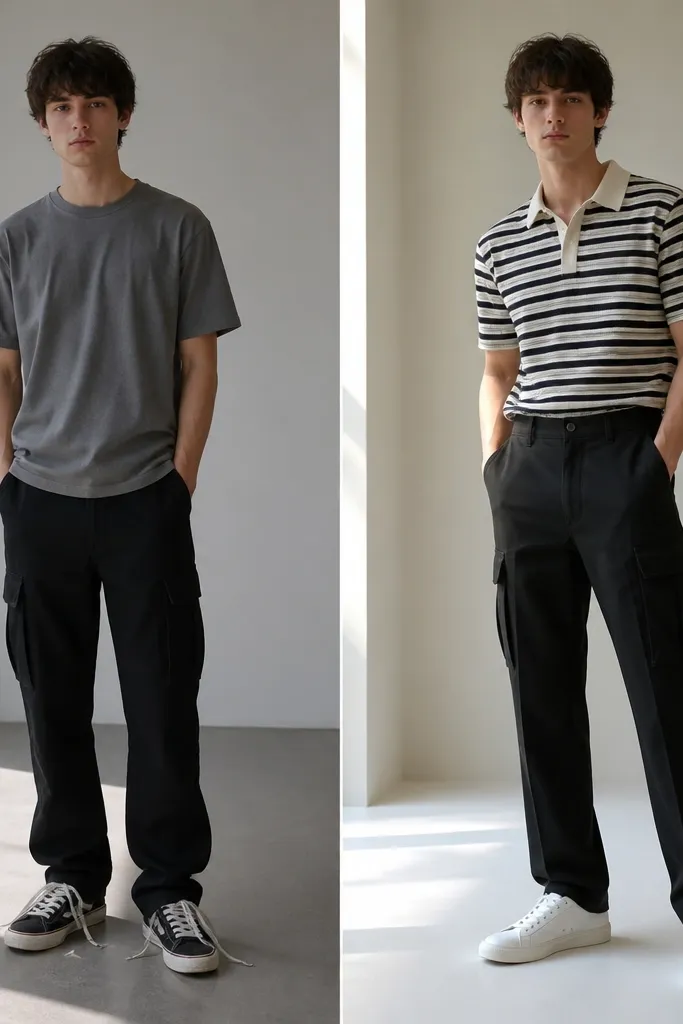 Two photos: Before shows black cargo pants with a plain t-shirt and messy laces. After shows a striped polo shirt with the collar sitting flat, tucked slightly, paired with clean minimalist sneakers.