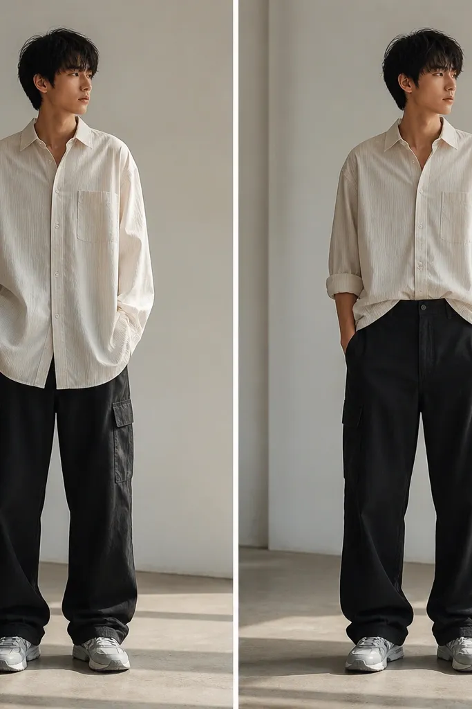 Before: black cargo pants with an oversized shirt fully untucked, sleeves hanging long. After: same shirt half-tucked at the front, sleeves rolled to mid-forearm, and the pants hem slightly stacked over sneakers.