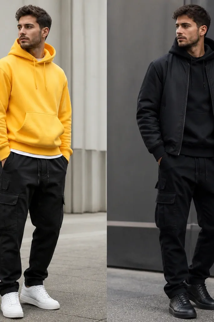 Before: black cargo pants with a bright contrasting hoodie. After: black cargo pants with a tonal black hoodie and black bomber jacket, plus black sneakers with a smooth upper.