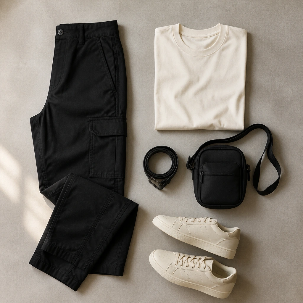 Outfit flat-lay: black cargo pants laid folded at the knee, cream sneakers with a thick but clean sole, and a neatly tucked off-white crewneck tee. Accessories include a simple black belt and a small crossbody bag.