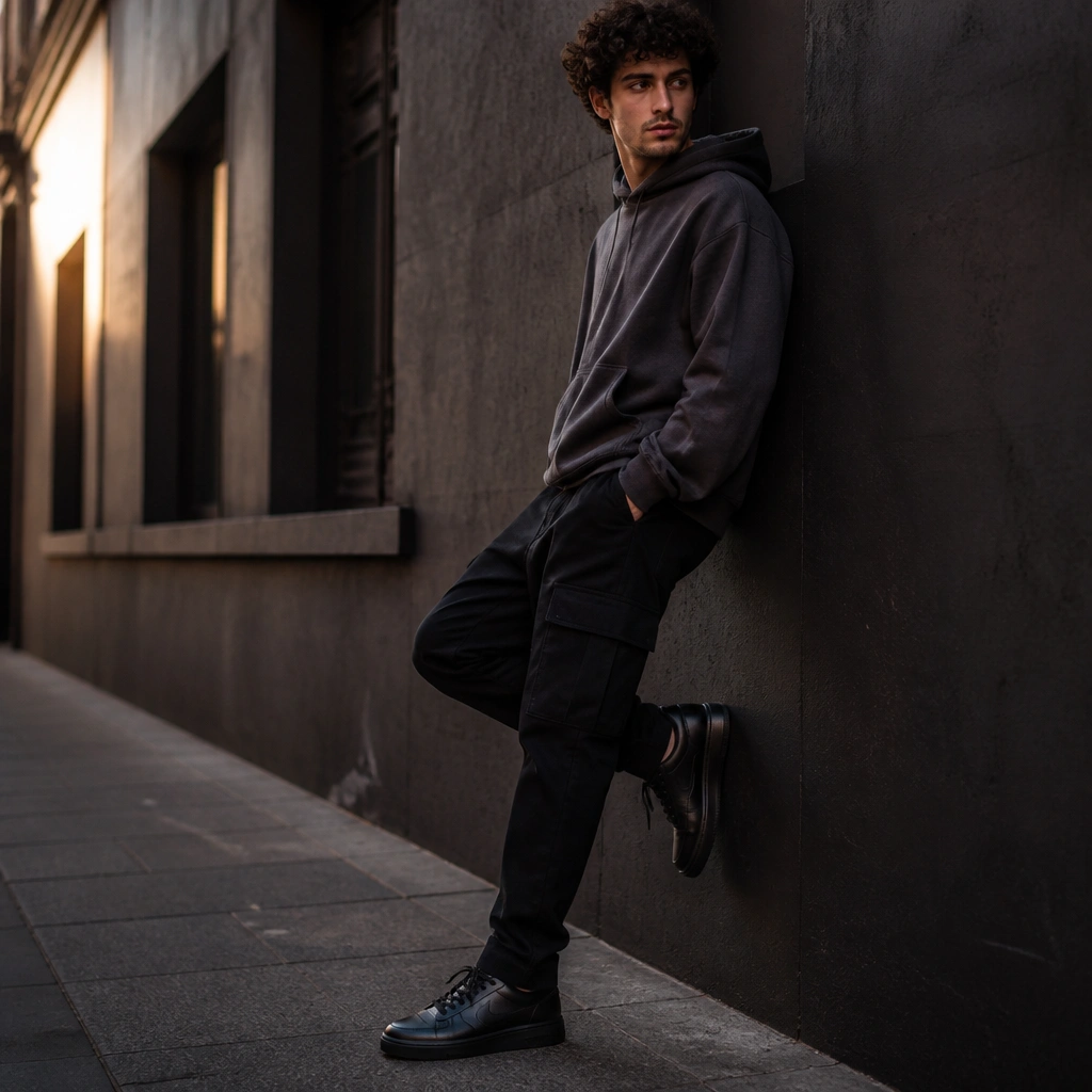 Street-style photo: black cargos with a straight-taper fit, black leather sneakers with subtle panel stitching, and a charcoal hoodie. Lighting is outdoor evening; the footwear stands out because of sheen and stitching detail.