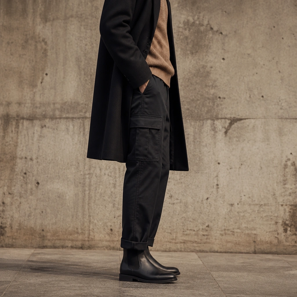 Side-view photo: black cargo pants cuffed slightly at the hem over black Chelsea boots. The boots have elastic side panels and a low heel; the outfit includes a tan knit sweater and a long black coat.
