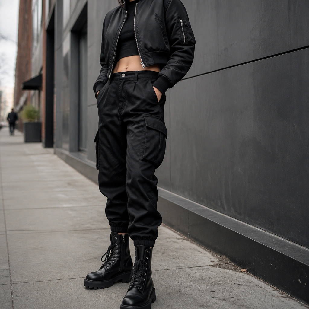 Urban sidewalk photo: black cargo pants tapered toward the ankle, paired with black combat boots with thick laces and a textured sole. The top is a cropped bomber jacket; the camera angle highlights the leg-to-boot transition.