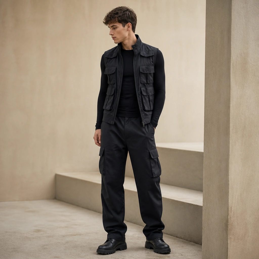 Full-body photo: black cargo pants fall longer and stack slightly over lug-sole boots. The boots have chunky tread; the outfit includes a fitted long-sleeve top and a structured utility vest.
