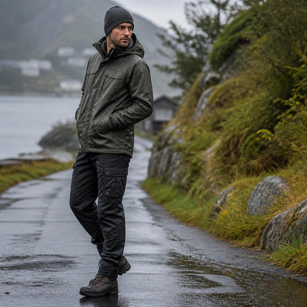 Outdoor photo: black cargo pants with durable-looking fabric, paired with rugged hiking boots with a waterproof finish. A weathered field jacket and knit beanie complete the look; wet pavement shows light rain.
