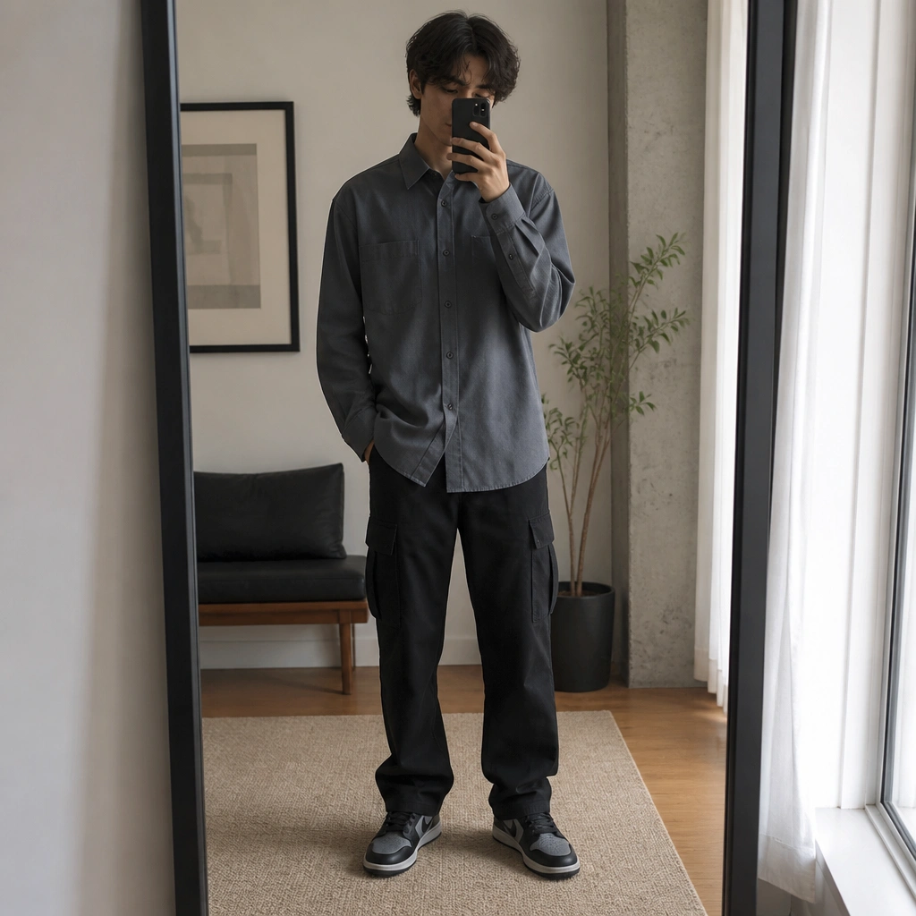 Mirror selfie: black cargo pants, black-and-gray sneakers, and a longline button-up shirt worn untucked. The shirt hem hits around mid-hip; the shoes look clean and grounded.
