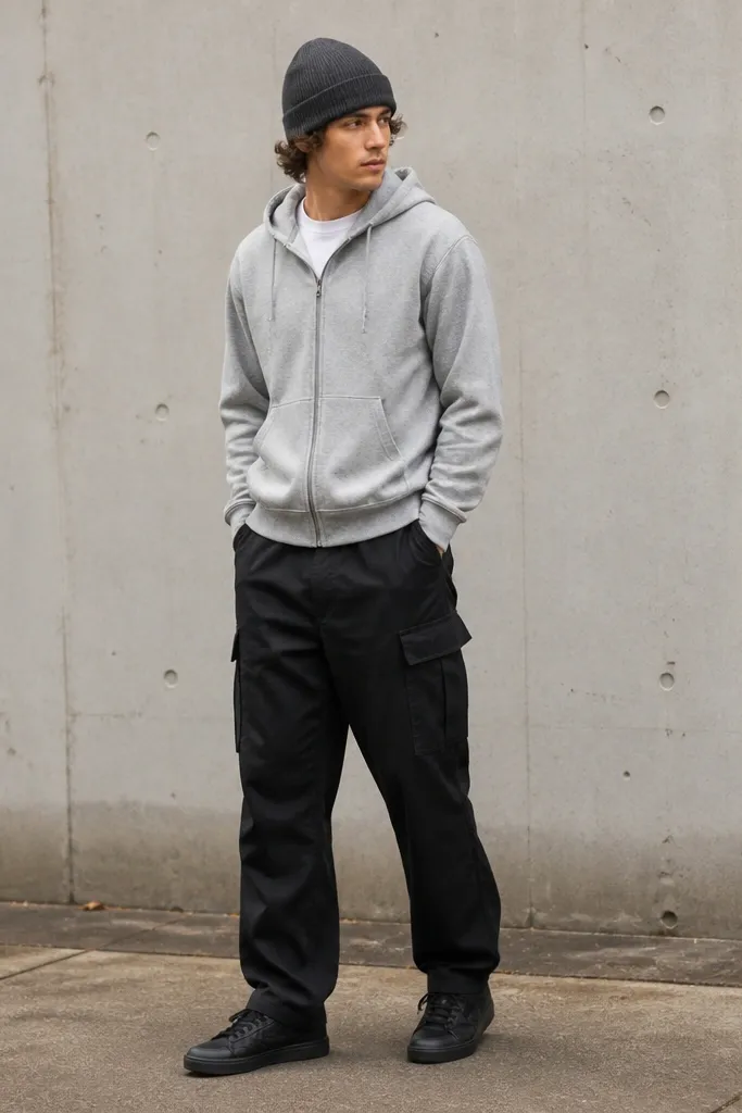 Black cargo pants styled with a heather gray zip hoodie, a ribbed beanie in charcoal, and black sneakers; hands in pockets, casual street-style pose.