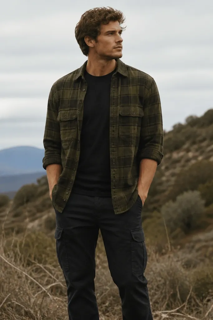 Black cargo pants paired with an olive-green flannel shirt worn open over a dark tee; sleeves are rolled to mid-forearm and the look is photographed in natural daylight.