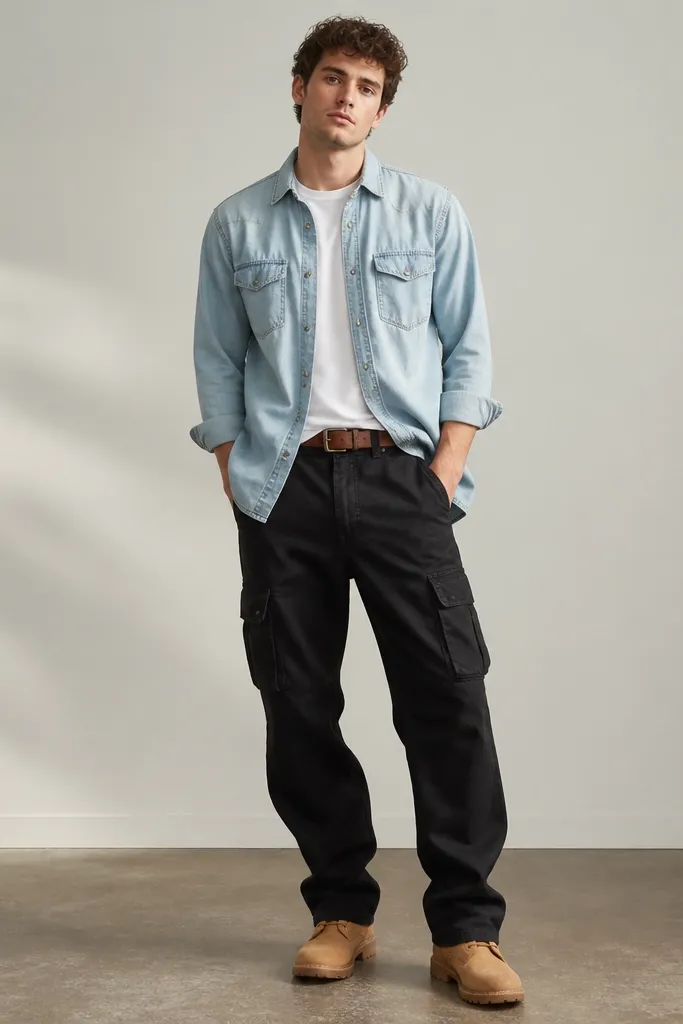 Black cargo pants with a light-wash denim button-down worn half-tucked over a white crew tee; brown belt and tan boots visible.
