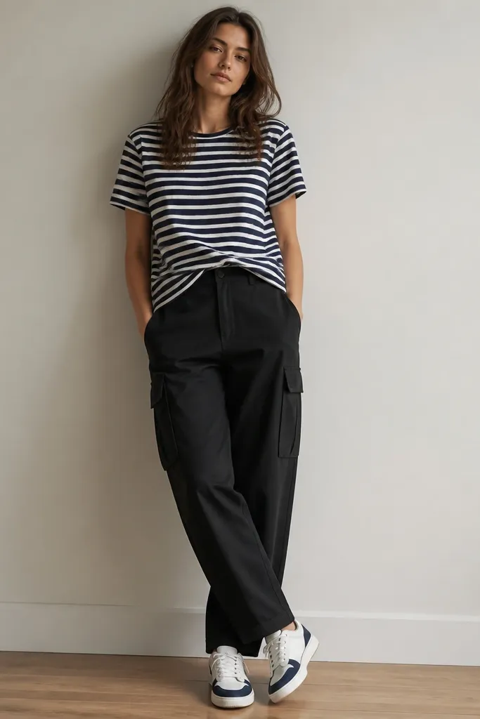 Black cargo pants with a navy-and-white striped tee, tucked at the front, paired with white-and-navy low-profile sneakers; background is a simple indoor wall.