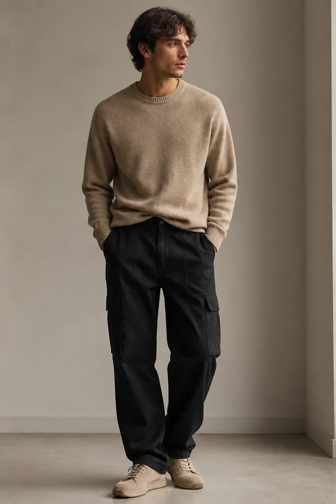 Black cargo pants paired with a tan knit crew sweater; the sweater is tucked slightly at the front and the person wears beige suede sneakers.
