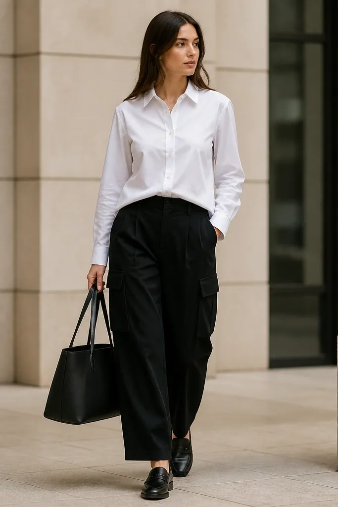 Black cargo pants with a crisp white button-down oxford shirt worn buttoned and slightly tucked; black loafers and a structured tote bag complete the look.