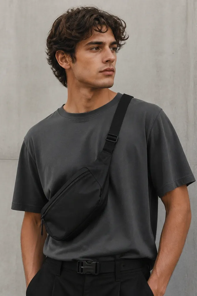 Black cargo pants with a charcoal graphic-free tee and a black belt bag worn across the chest; the outfit is photographed from the waist up.