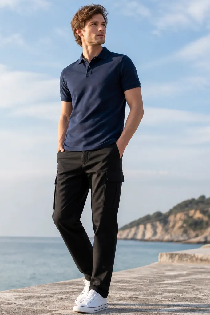 Black cargo pants with a navy short-sleeve polo shirt, collar neatly down, paired with white canvas sneakers; outdoor photo with a bright sky.