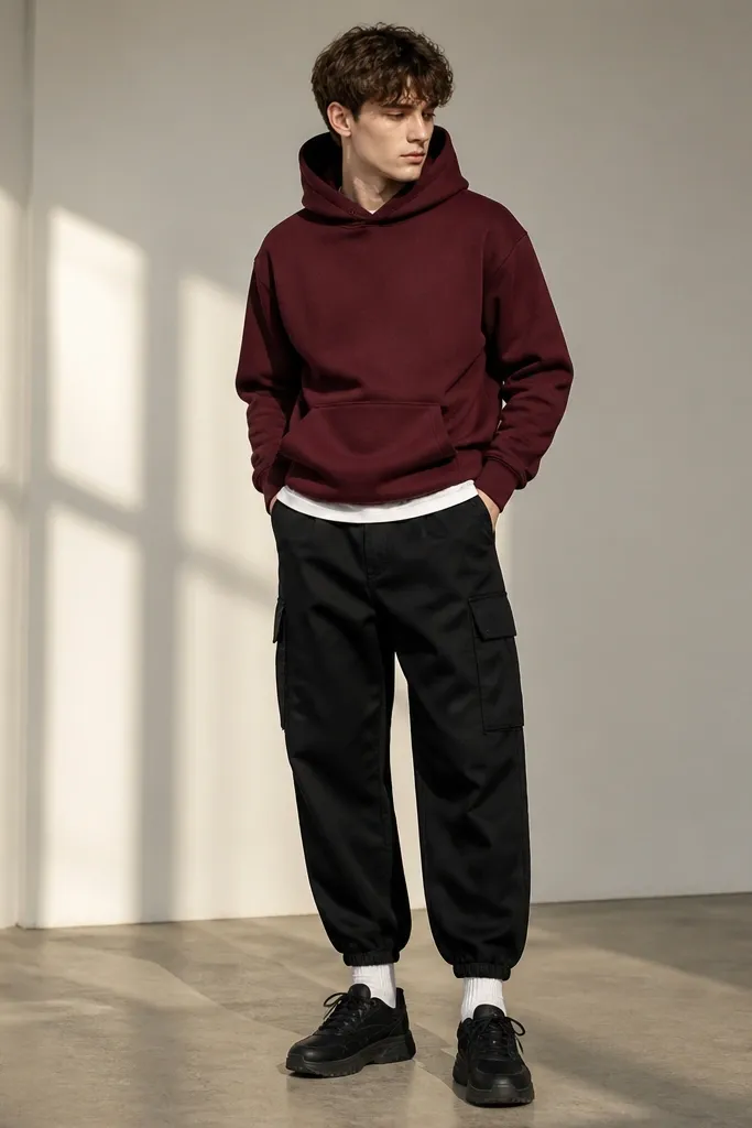 Black cargo pants styled with a burgundy hoodie, worn with a slight cuff of the hoodie hem; white crew socks and black sneakers visible.