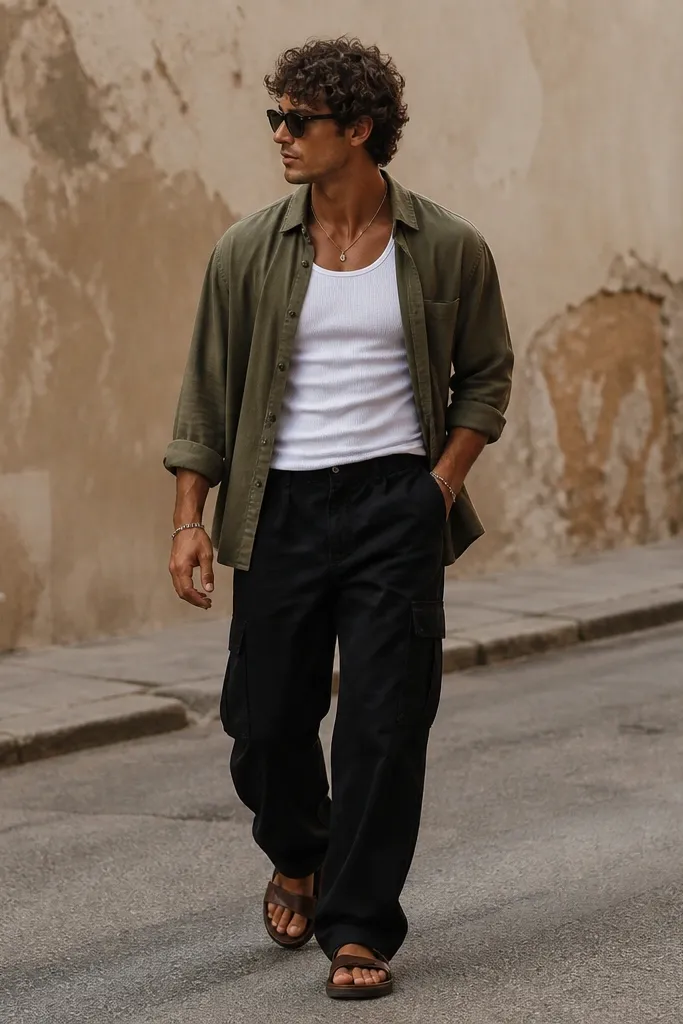 Black cargo pants with a white ribbed tank top, an olive overshirt worn open, and brown sandals; summer street-style shot.