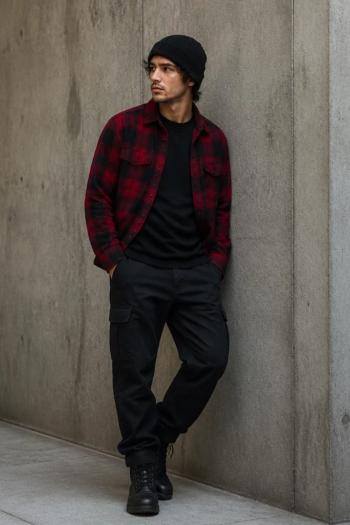 Black cargo pants paired with a red-and-black plaid shirt worn open over a black tee; the person wears black boots and a dark beanie.