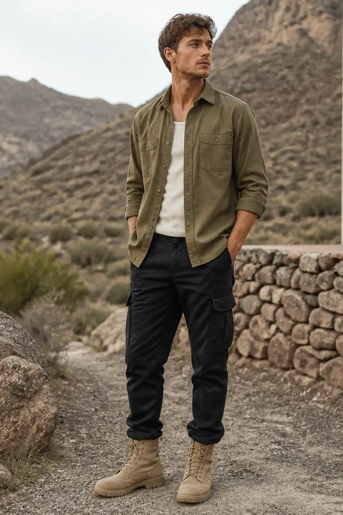 Black cargo pants styled with an olive green overshirt buttoned halfway, a cream ribbed tank underneath, and tan desert boots. The outfit is photographed outdoors with soft natural light.