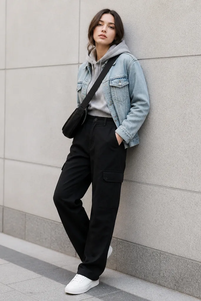 Black cargo pants with a heather gray hoodie tucked at the waist, layered under a light wash denim jacket. White low-top sneakers and a crossbody bag are visible.