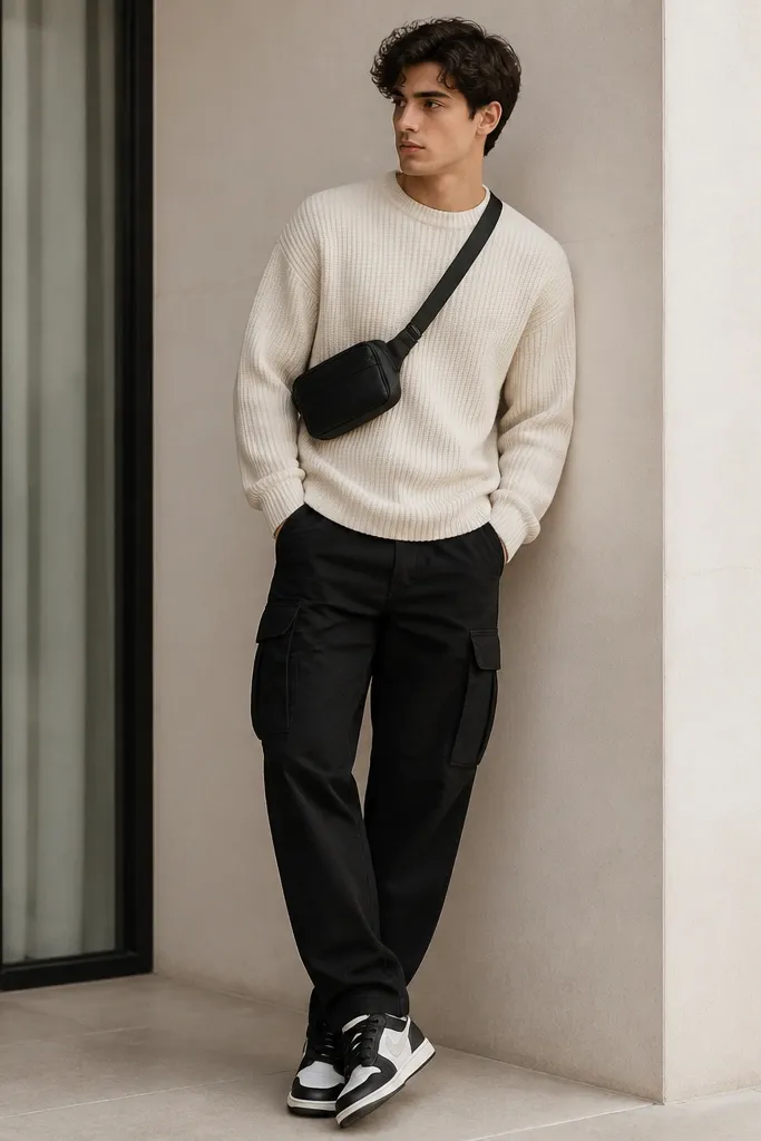 A cream knit sweater worn with black cargo pants and a small black belt bag worn across the chest. The person is in clean black-and-white sneakers and has a relaxed posture.