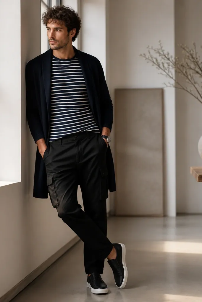Black cargo pants paired with a navy-and-white striped tee and a longline dark cardigan. Loafers or casual sneakers and a watch are shown.