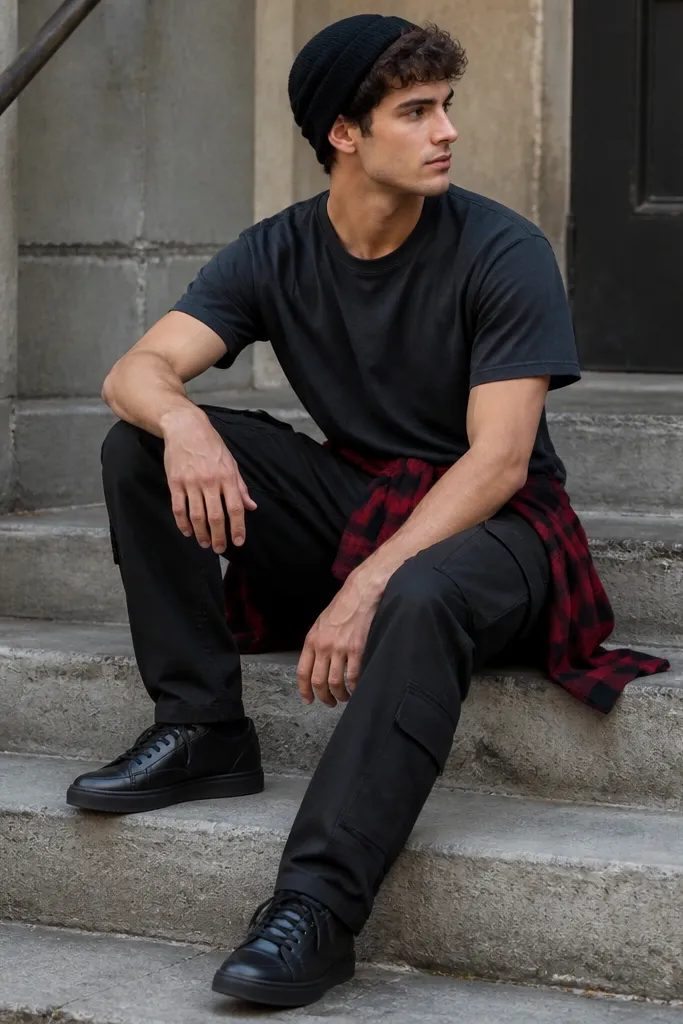 Black cargo pants styled with a red and black flannel tied at the waist over a dark tee. Black leather sneakers and a dark beanie are visible.