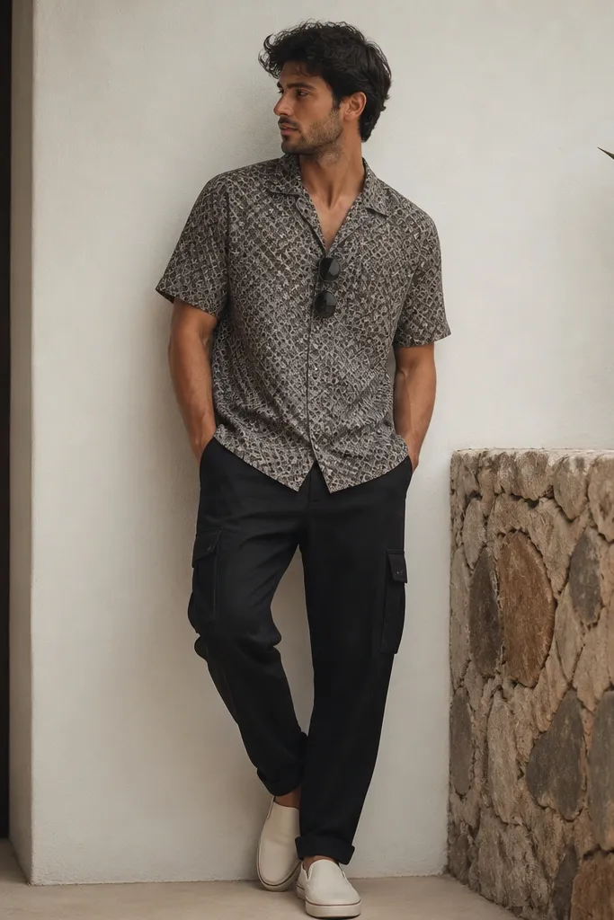 Black cargo pants with a patterned camp collar short-sleeve shirt (small prints) and canvas slip-on shoes. A pair of sunglasses rests on the shirt collar.