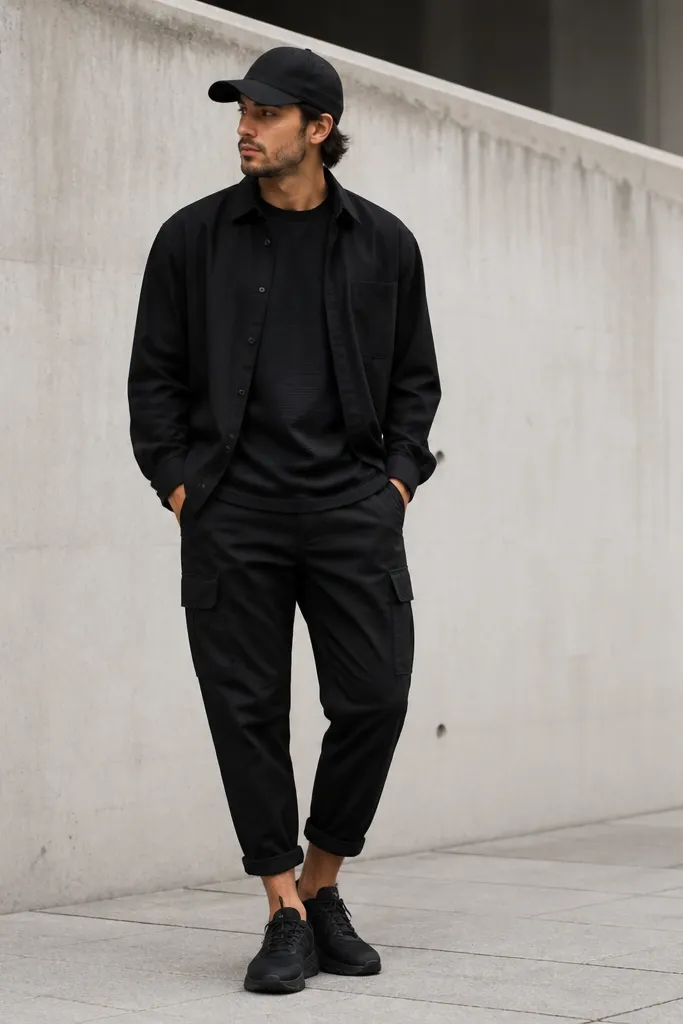 All-black styling: a black textured tee under a black overshirt, with the cargo pant cuffs rolled slightly above the ankle. Black sneakers and a matte black cap are visible.