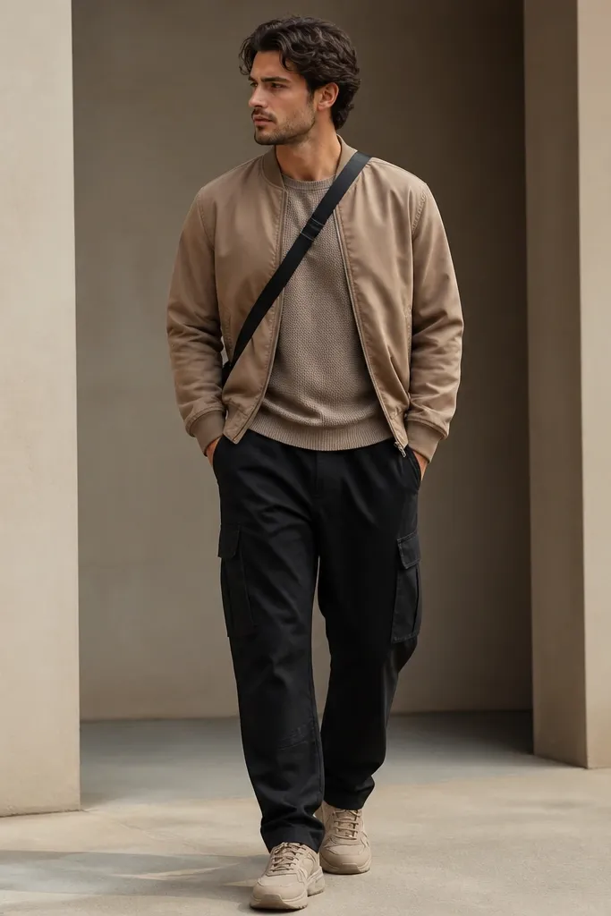 Black cargo pants with a taupe knit tee and a warm tan bomber jacket. The shoes are light brown or beige, and a simple crossbody strap runs across the chest.