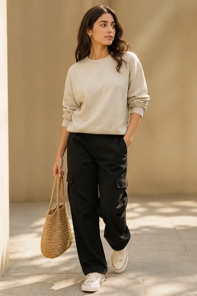 A model in black cargo pants wearing a lightweight oatmeal crewneck sweatshirt, sleeves pushed up, with cream canvas sneakers and a woven tote.