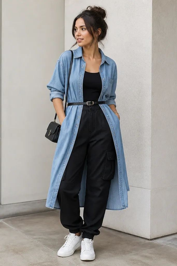 Fashion-forward layering: black cargo pants with a chambray shirt dress worn open over a black tank, cinched with a thin belt, plus white sneakers and a small shoulder bag.