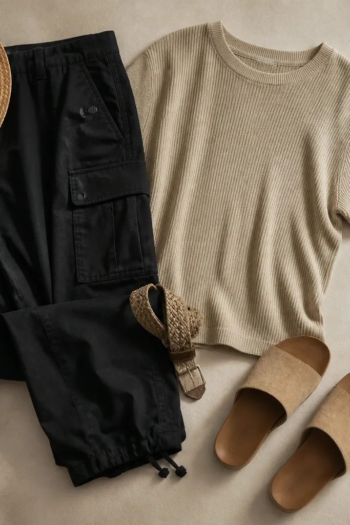 Outfit flat lay: black cargo pants with a sand-colored knit tee, textured woven belt, and tan suede slides, with a straw hat partially in frame.