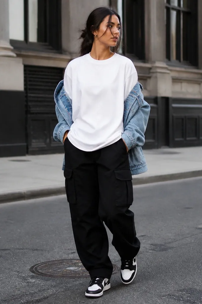 A street-style image: black cargo pants with an oversized white graphic-free tee, a light blue denim jacket worn draped on the shoulders, and black-and-white sneakers.