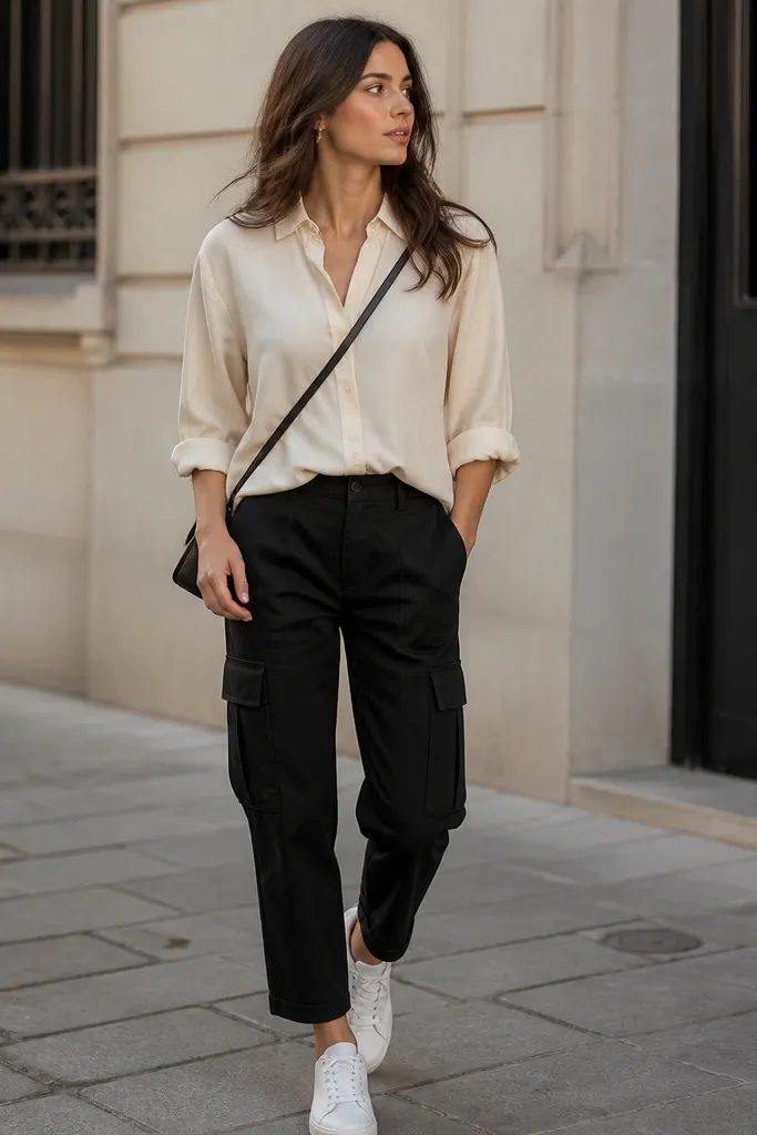 A polished-casual shot: black cargo pants with a pale cream viscose button-down tucked at the front, sleeves rolled, and sleek white sneakers with a simple crossbody.