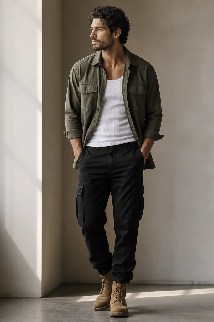 Black cargo pants paired with an olive utility overshirt worn open over a white rib tank; the overshirt sleeves are slightly rolled and the look is finished with tan boots.